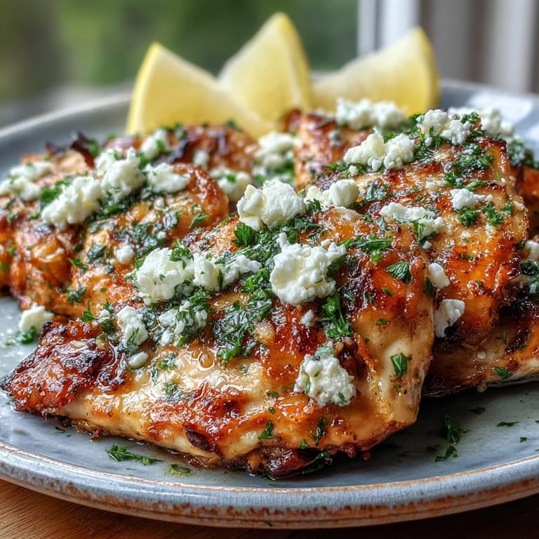 Juicy marinated chicken breast topped with crumbled feta and fresh parsley, served hot from a skillet with lemon.