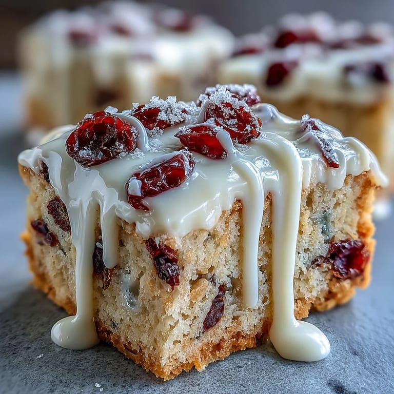 Cranberry Bliss Bars with zesty orange cream cheese frosting are drizzled with melted white chocolate on a rustic wooden board.