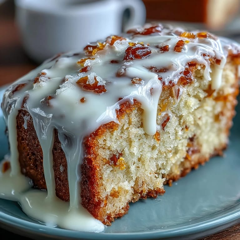 Moist Heavenly Blood Orange Yogurt Cake loaf with a glossy citrus icing glaze, photographed on a rustic wooden table.