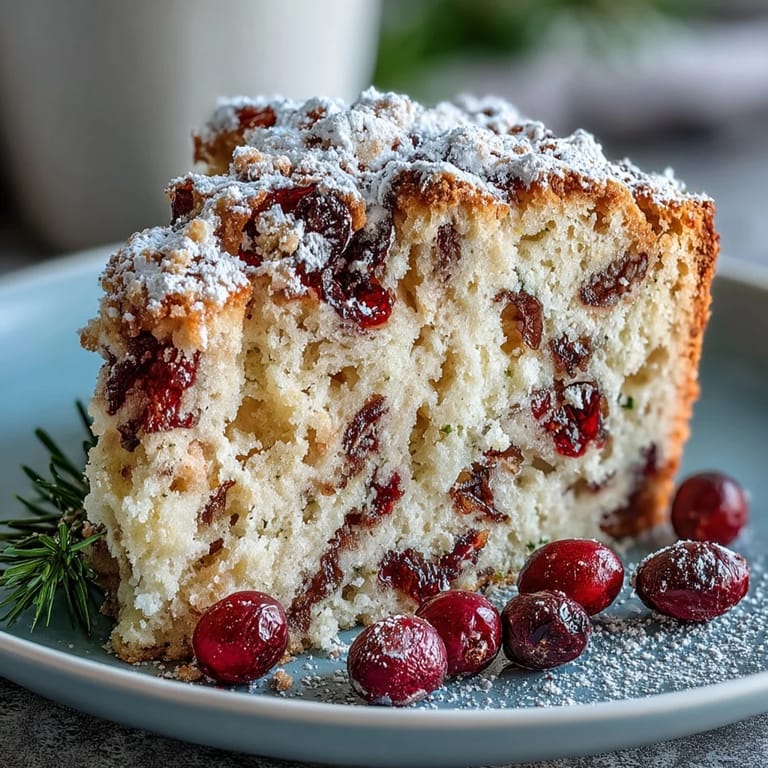 Cooling slice of Cranberry Orange Breakfast Cake on a wire rack, showcasing fluffy interior with juicy cranberries and bright citrus zest throughout. 