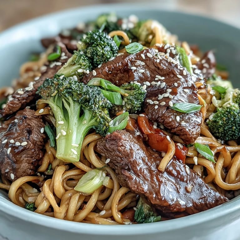 Quick skillet meal, garnished with green onions and sesame seeds, served in a white bowl.