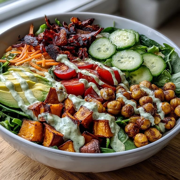 Close-up of a nourishing Breakfast Buddha Bowl featuring crispy chickpeas, roasted sweet potatoes, and creamy avocado slices with tahini dressing drizzle.