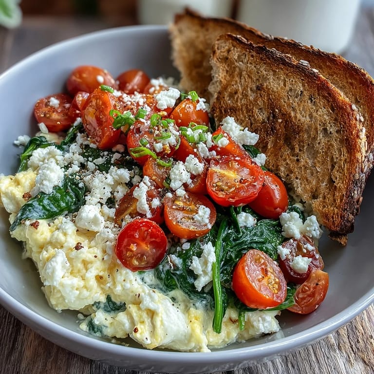 Hearty Mediterranean-inspired Spinach and Feta Breakfast Bowl garnished with fresh parsley, perfect for a quick and healthy vegetarian morning meal.