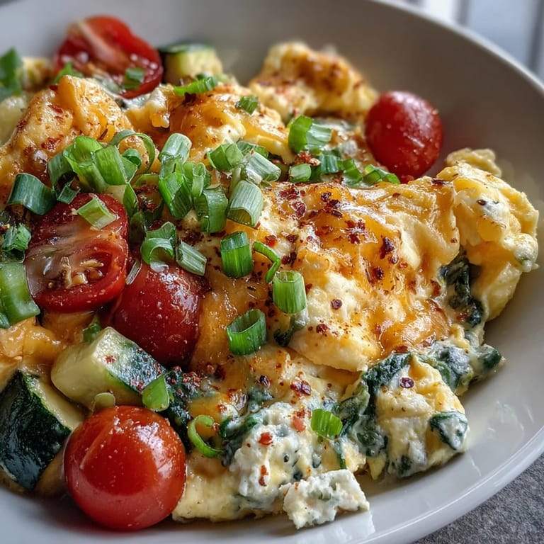Fluffy cheesy Scrambled Egg and Veggie Bowl topped with fresh green onions and ripe cherry tomatoes.