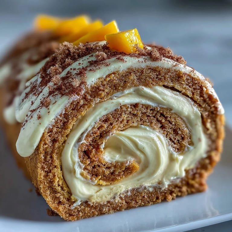 Perfectly chilled Hojicha Roll Cake is served on a plate with a dusting of powdered sugar and hojicha powder.