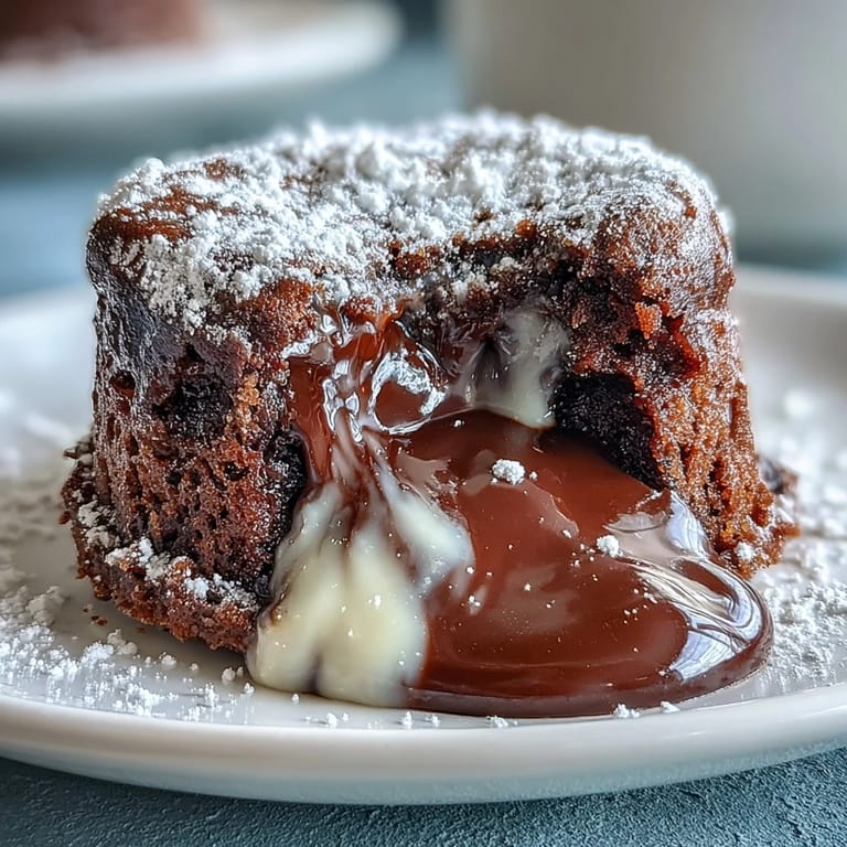 A warm Hojicha Lava Cake sliced open to reveal its gooey, earthy roasted green tea center.