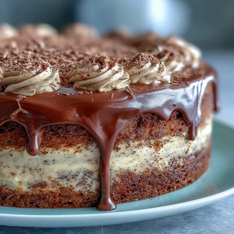 Close-up of rich Hojicha Butter Cream Cake garnished with chocolate shavings on a ceramic plate.