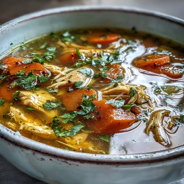 Hearty Anti-Inflammatory Turmeric Chicken Soup served in a rustic ceramic bowl, featuring tender carrots and spinach in a rich golden broth.
