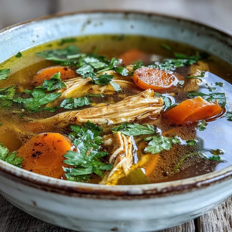 Steamy Anti-Inflammatory Turmeric Chicken Soup with vibrant yellow turmeric broth, shredded chicken, and a lemon wedge on the side.