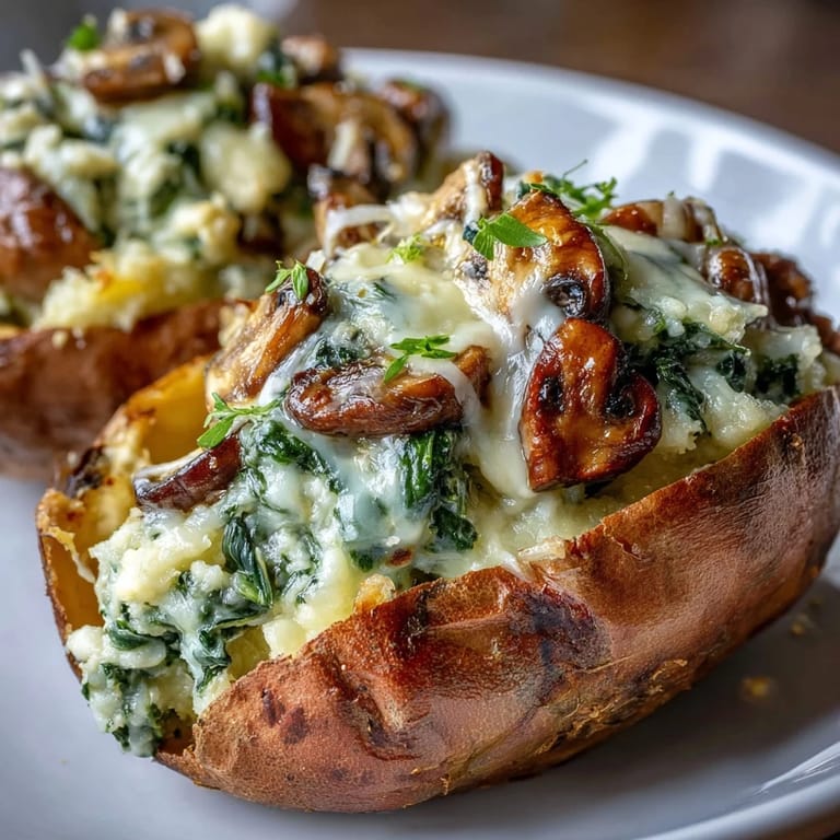 Close-up of Creamy Mushroom and Spinach Stuffed Sweet Potatoes, featuring a creamy filling and tender orange sweet potato flesh.
