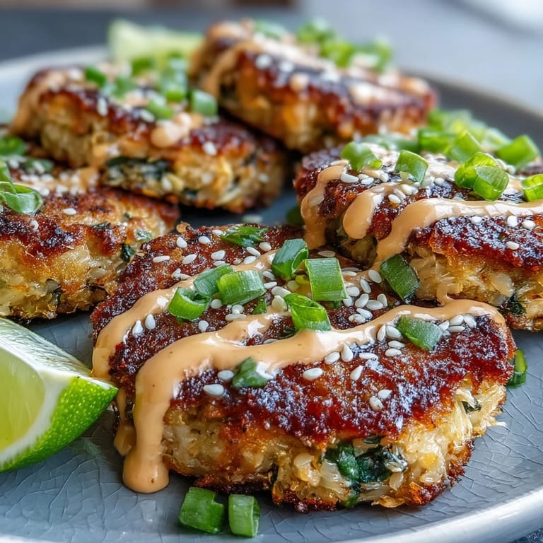 Crispy Asian-Style Tuna Cakes garnished with sliced green onions and sesame seeds, served ready to enjoy.
