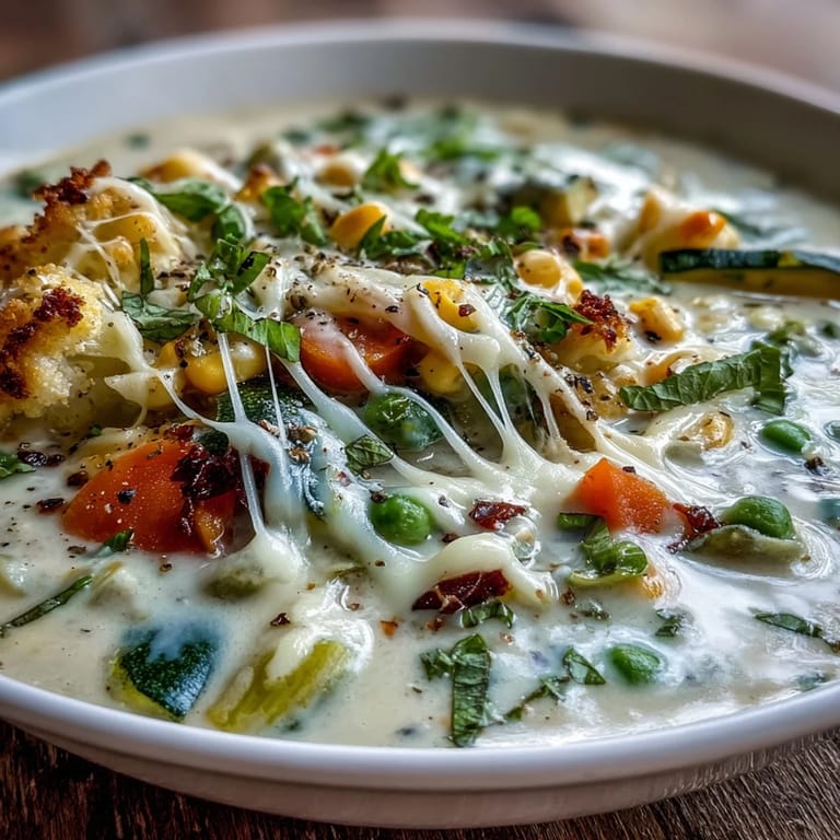 A ladle pours the thick, creamy soup into a white bowl, revealing melted mozzarella pull and colorful diced vegetables in a cozy kitchen setting.
