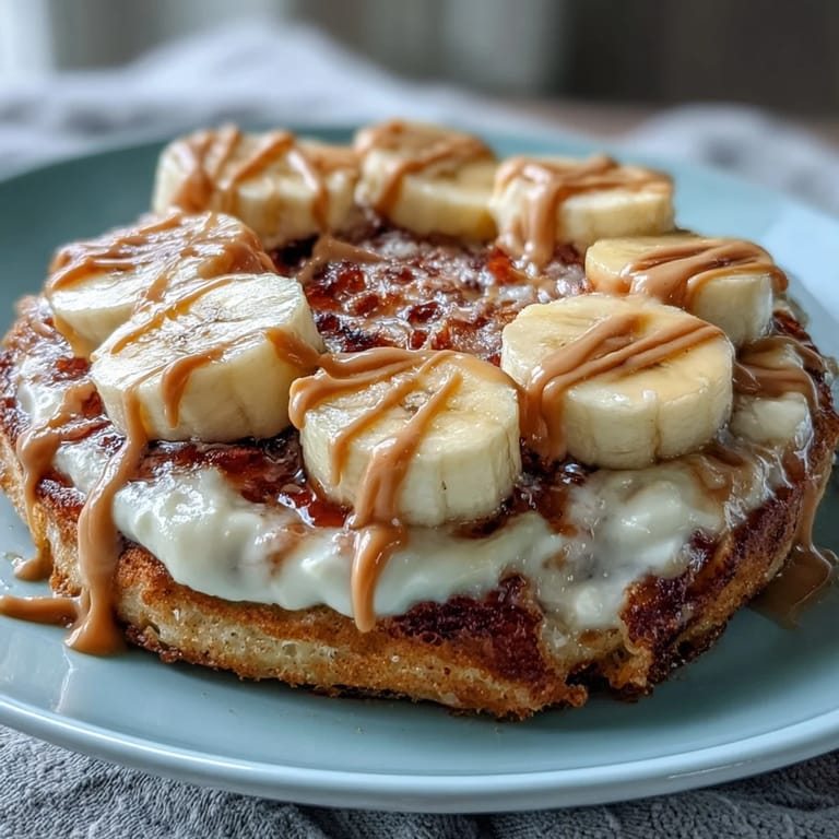 A close-up of the High-Protein Breakfast Pizza Bowl, revealing fluffy baked pancake base topped with sliced bananas and a sweet drizzle.