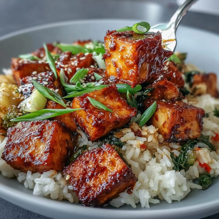 Scattered toasted sesame seeds and scallions garnish this sizzling Crispy Sesame Tofu Fried Rice.