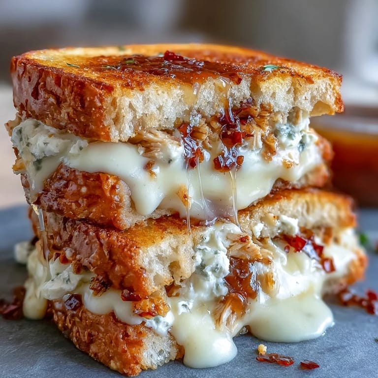 The toasted crust of the Goat Cheese & Hot Honey Chicken Grilled Cheese frames a gooey, spicy-sweet chicken and goat cheese filling, perfect with a side salad.