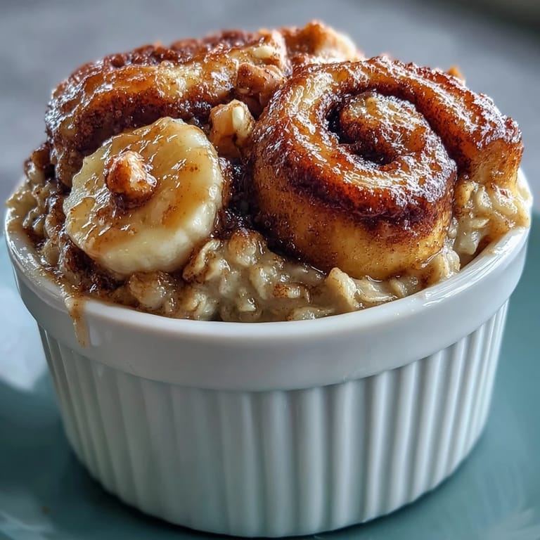 A single-serve Cinnamon Swirl Protein Banana Baked Oats topped with banana slices and yogurt.