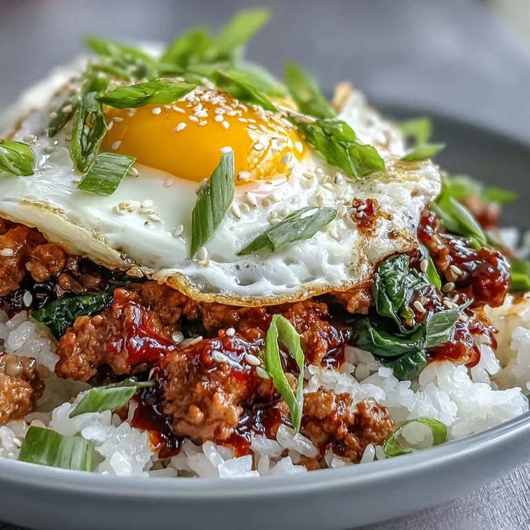 Weeknight Creamy Korean Turkey Rice Skillet, topped with halved jammy eggs, sesame seeds, and served with crunchy kimchi.