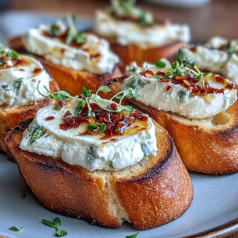 Freshly baked crostini topped with creamy cheese spread and a vibrant hot honey drizzle for parties.