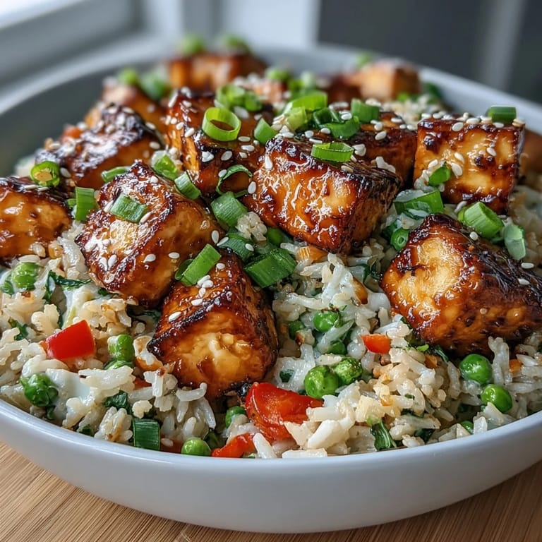 Steam rises from a hot skillet of Crispy Sesame Tofu Fried Rice, a perfect vegetarian weeknight dinner idea.