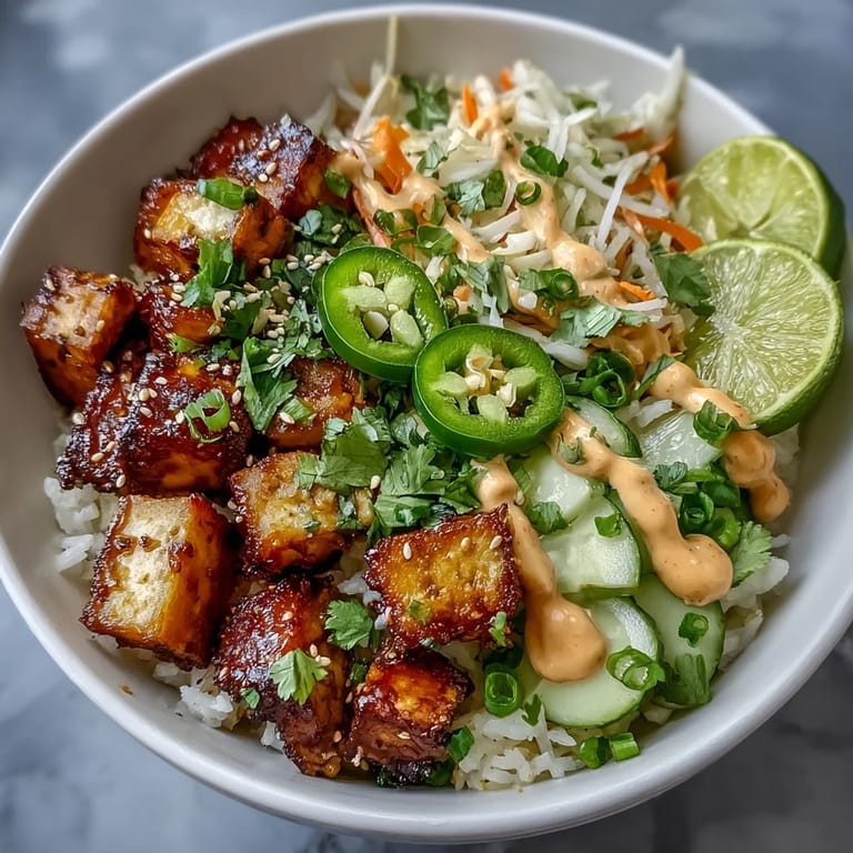 A close-up shows golden tofu cubes and vibrant pickled veggies on jasmine rice, garnished with jalapeño slices and sesame seeds.