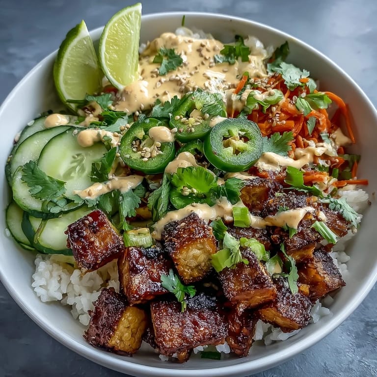 Colorful deconstructed banh mi bowl features crispy tofu, crunchy radishes, and cucumber, ready for a quick and delicious weeknight dinner.