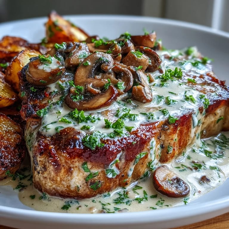 Succulent pork chops smothered in creamy mushroom sauce, paired with tender roasted radishes for a satisfying low-carb dinner.