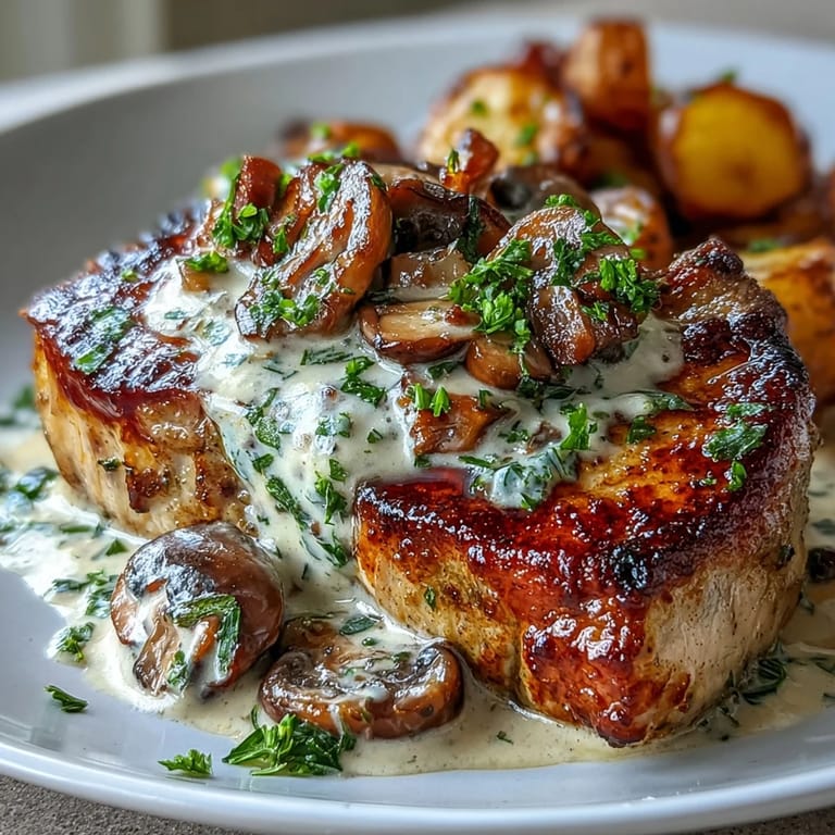 Freshly cooked Keto Creamy Mushroom Pork Chops and roasted radishes plated with parsley garnish for a delicious meal.