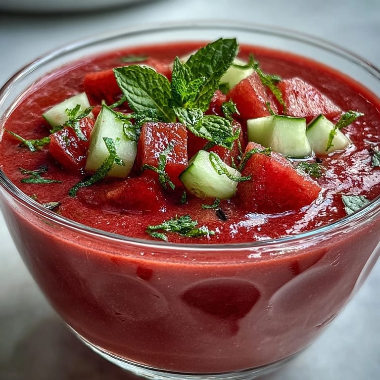 Cold Vegan Watermelon Mint Gazpacho garnished with fresh mint and watermelon cubes, shown in a white bowl on a sunny table.