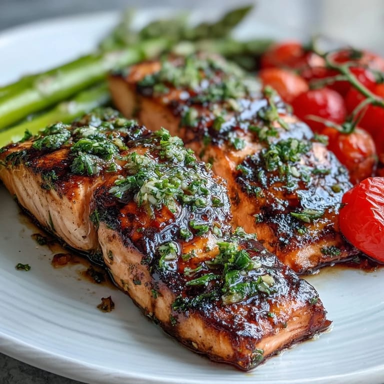 Juicy grilled salmon with asparagus and cherry tomatoes garnished with lemon wedges and fresh herbs, ready to serve.