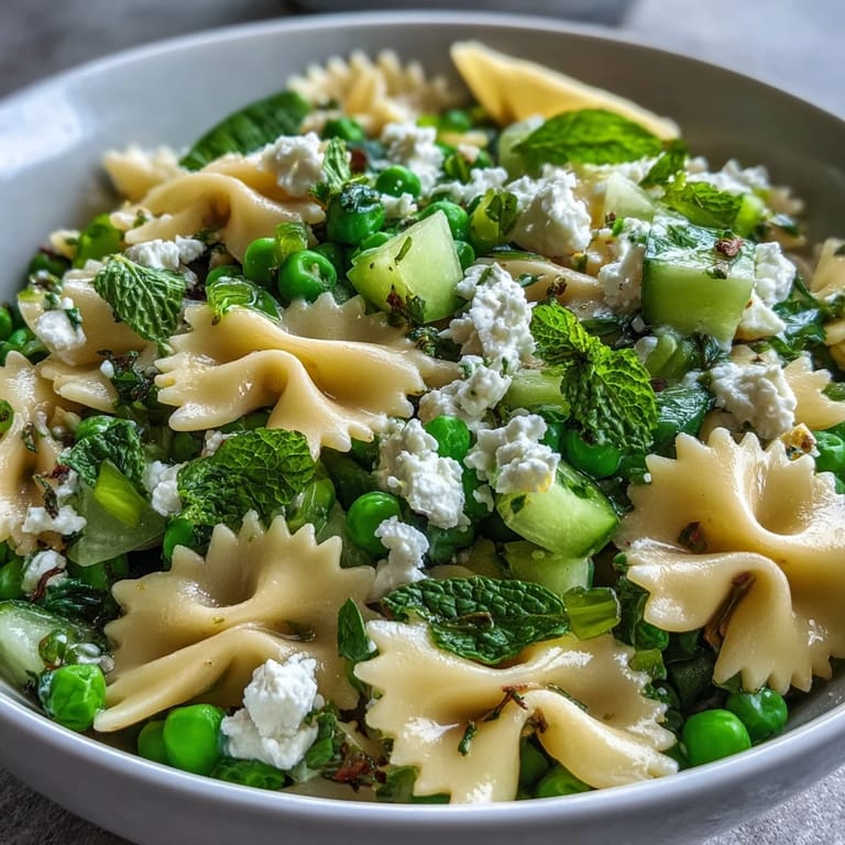 Close-up of Fresh Spring Pea and Mint Pasta Salad tossed with herbs and a zesty lemon dressing.