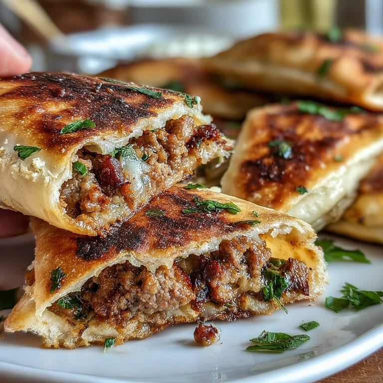 Juicy ground lamb and aromatic spices fill thin pita, pan-fried until the exterior is crisp and golden.  