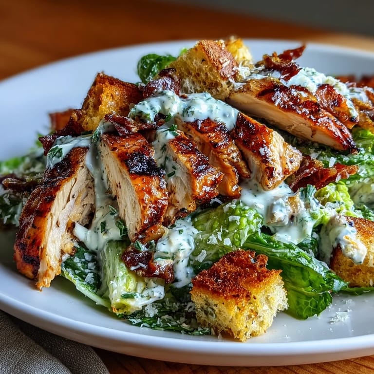 Juicy grilled chicken breast slices over crisp romaine lettuce with tangy Greek yogurt Caesar dressing and golden sourdough croutons.