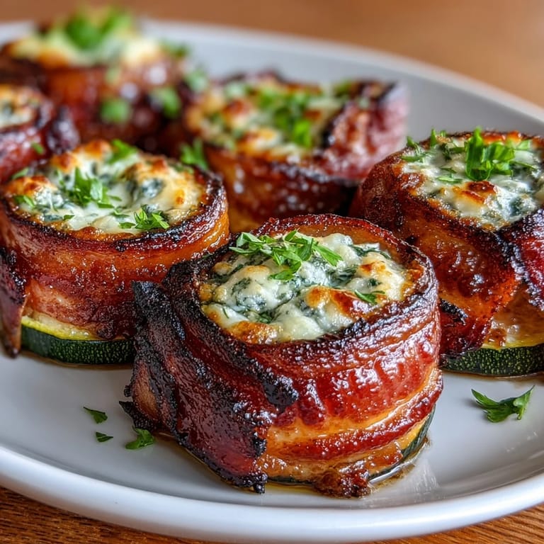 Tender zucchini boats loaded with cheesy herb filling, wrapped in crispy bacon, and baked until deliciously golden and low-carb.