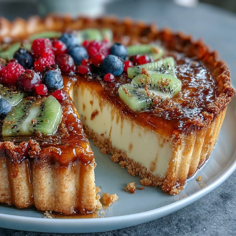 Silky cardamom-infused custard in a buttery tart shell, topped with colorful seasonal fruits for a stunning dessert.  