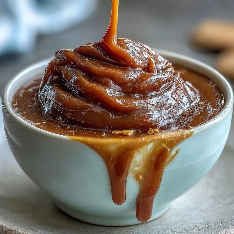 Velvety miso caramel sauce drizzled over a scoop of vanilla ice cream, blending sweet and salty flavors in every bite.