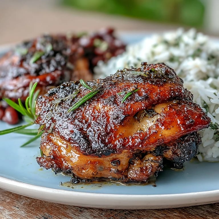 Spicy jerk chicken thighs with golden skin atop creamy rice and peas. Bold flavors in every bite.