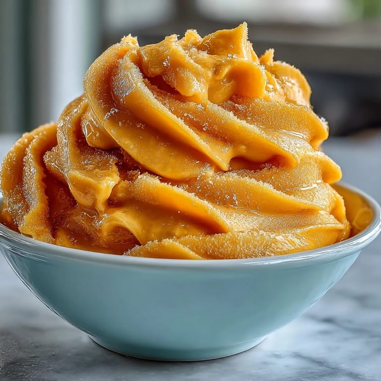 Creamy homemade mango sorbet served in chilled dessert bowls, showcasing the natural sweetness and tropical flavor of ripe mangoes.  