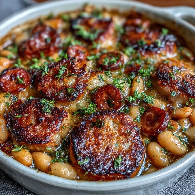 Comforting one-pot ham and white bean cassoulet with savory vegetables, crispy topping, and deep, smoky flavors.