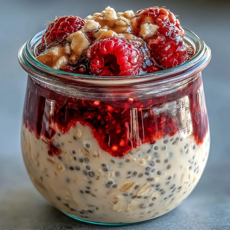 Vibrant raspberry chia seed overnight oats topped with crunchy almonds and juicy berries.