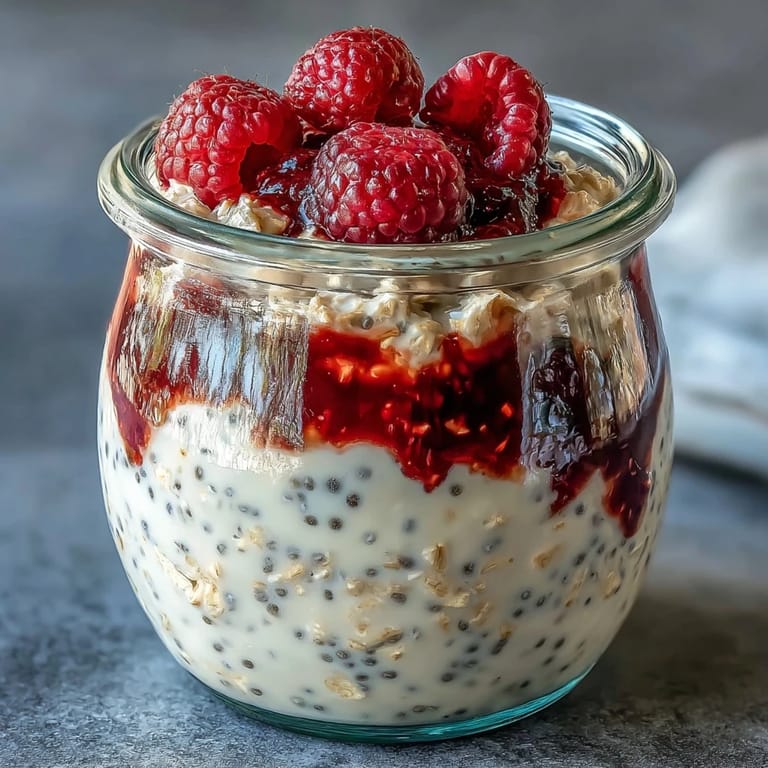 Velvety oats swirled with raspberry chia jam, perfect for a nutritious morning meal.