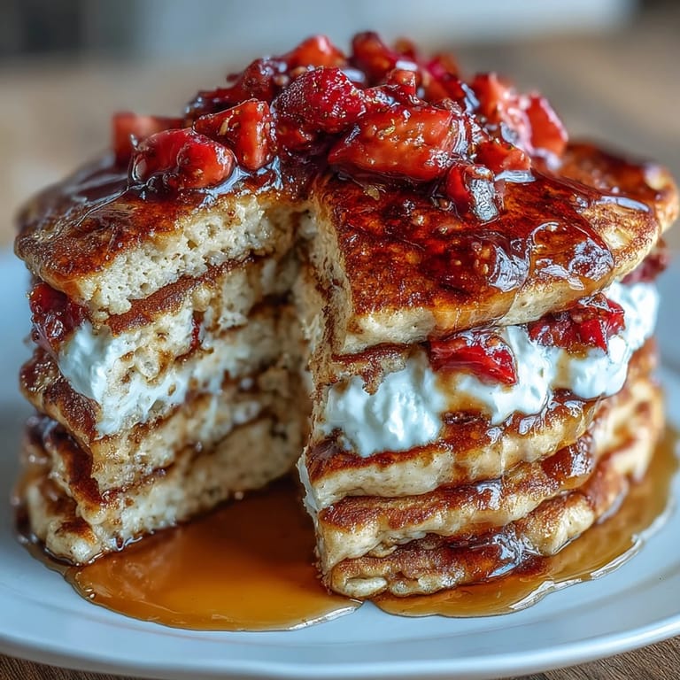 Golden brown cottage cheese strawberry protein pancakes served warm with a side of fresh fruit.