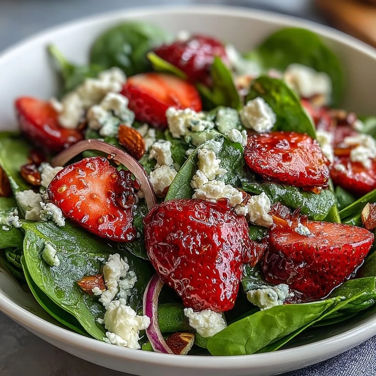 Elegant spinach strawberry salad with crumbled feta, crunchy almonds, and homemade poppy seed dressing, ideal for garden parties or healthy meals.