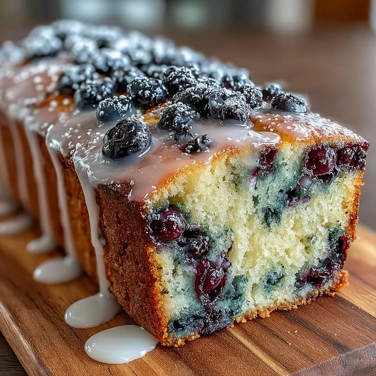 This tender blueberry lemon loaf features bursts of juicy berries and a sweet glaze, ideal for tea parties or dessert spreads.