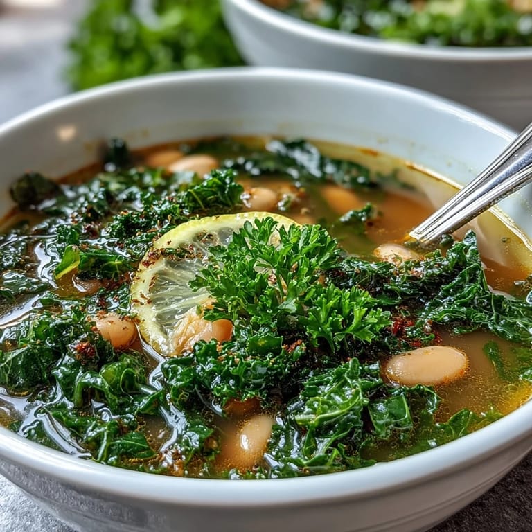 Hearty white bean and kale soup in a rustic bowl, topped with fresh herbs and lemon zest.