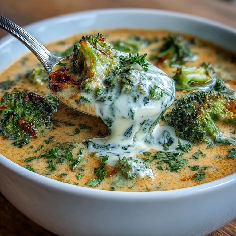 Comforting bowl of broccoli cheddar soup made with Greek yogurt, featuring tender broccoli florets and a creamy texture.