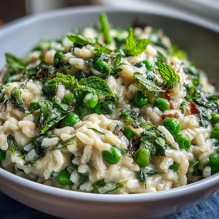 Spring pea and mint risotto topped with grated Parmesan and a sprinkle of lemon zest, showcasing a comforting Italian vegetarian meal.