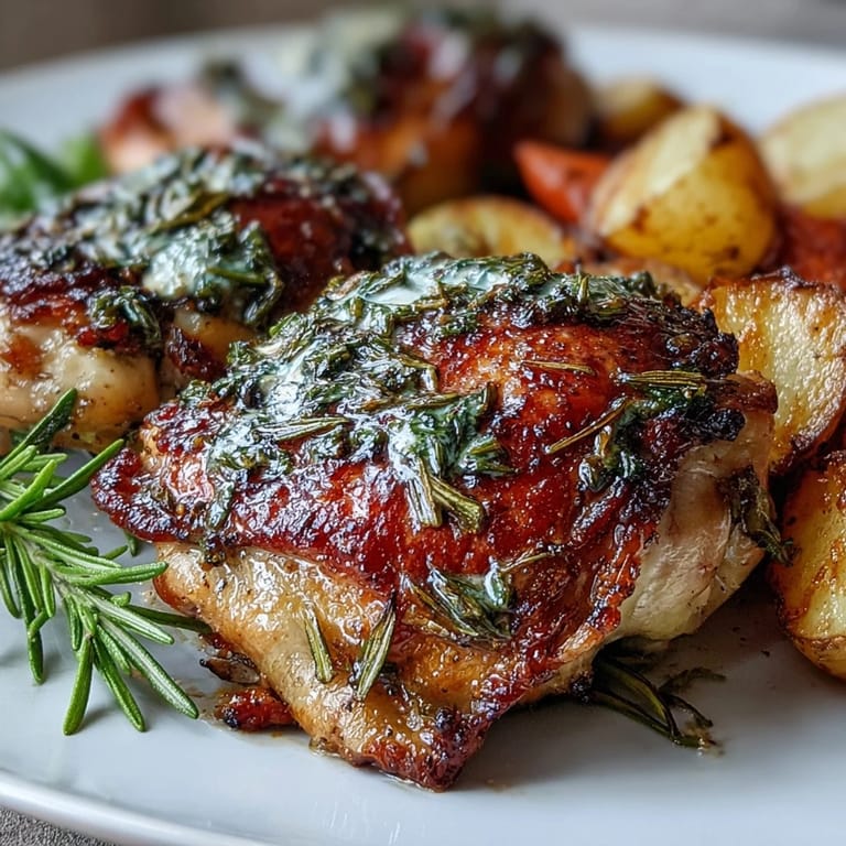 Aromatic herb roasted chicken thighs paired with colorful baby potatoes and carrots, garnished with parsley and ready to serve alongside lemon wedges.