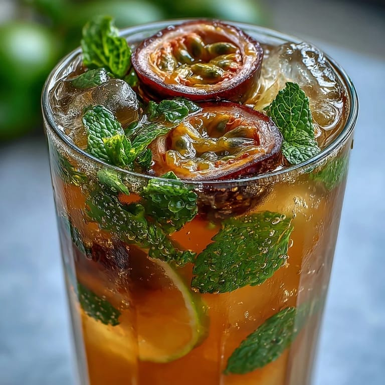 Refreshing tropical passionfruit mojito cocktail featuring muddled mint and lime, topped with passionfruit seeds for a zesty summer drink.