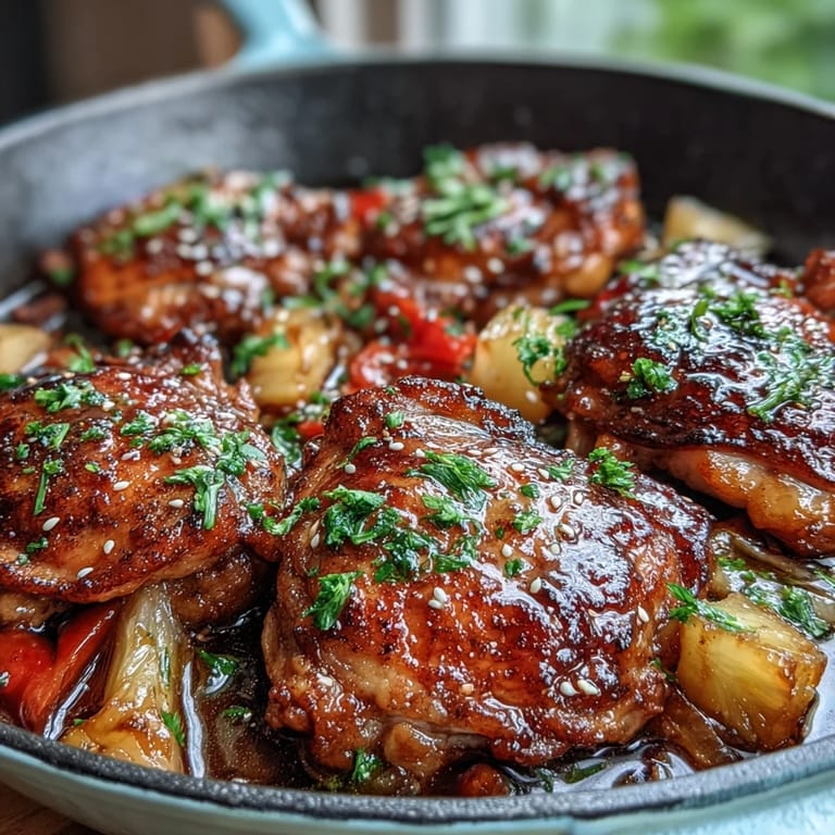 A vibrant one-pan dinner featuring juicy chicken thighs simmered in sticky honey garlic sauce with tropical pineapple chunks and colorful bell peppers.  