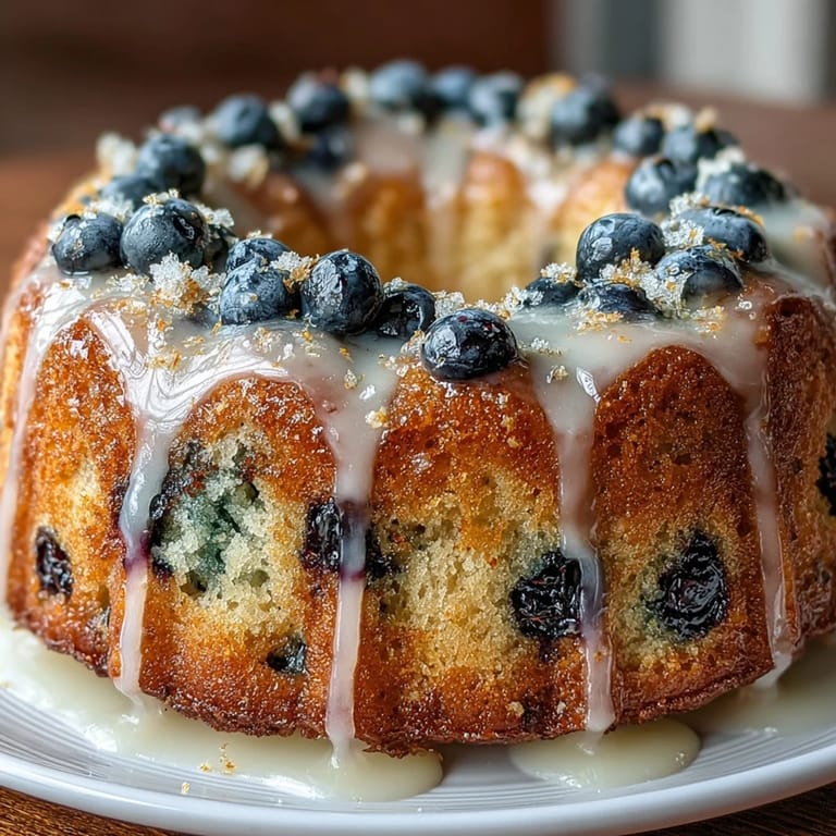 Elegant mini bundt cakes featuring swirls of blueberry and lemon, topped with a glossy lemon glaze for a bakery-style dessert.